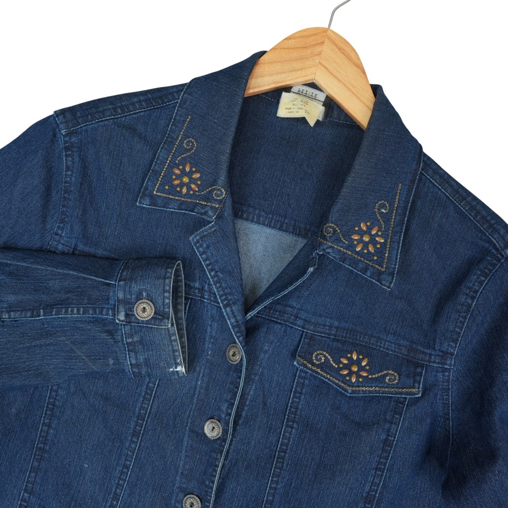 Southern Lady Denim Jacket Women 10P Blue Embroidered Beaded Floral Jean Jacket